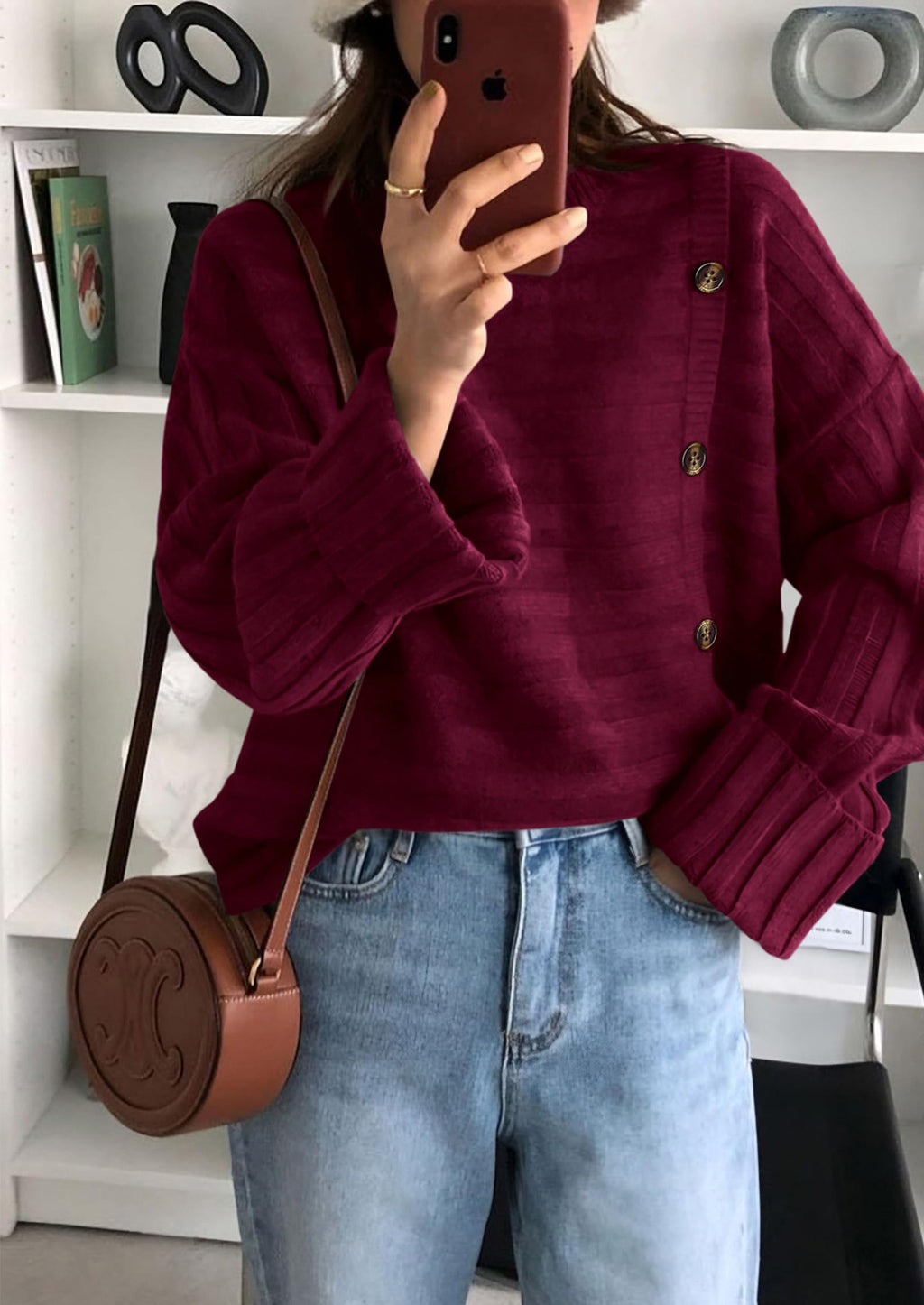 Womens Sweaters Fall Casual Long Sleeve Crewneck Button Loose Winter Knit Pullover Sweater Tops