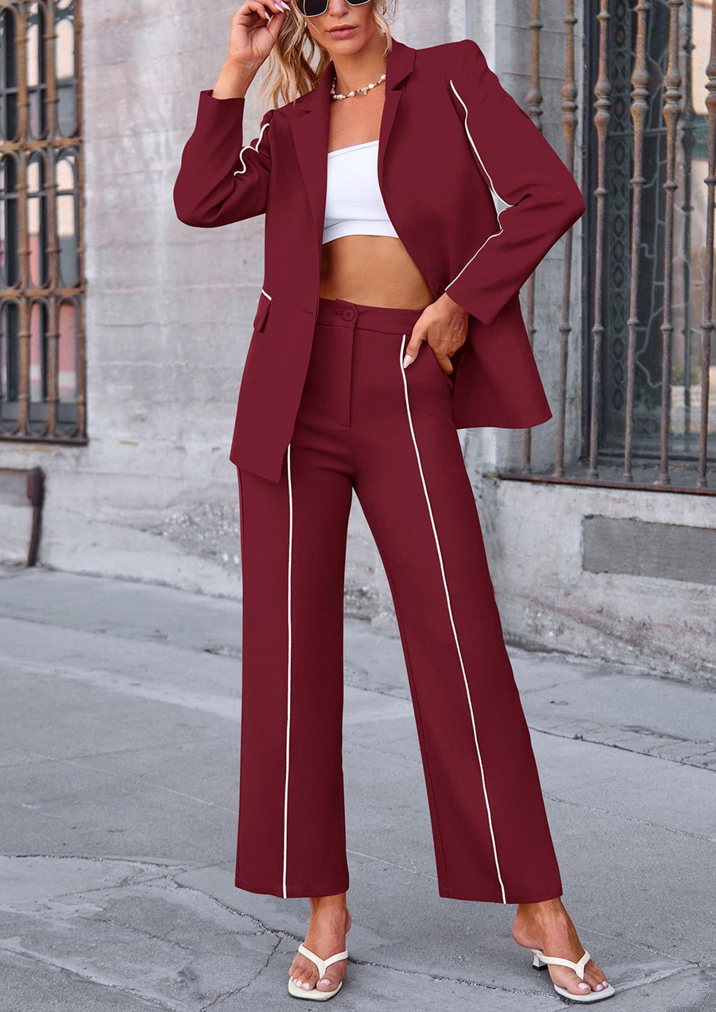 2 Piece Blazer Outfits Business Casual Oversized Jacket Wide Leg Work Pants Dressy Suit Set