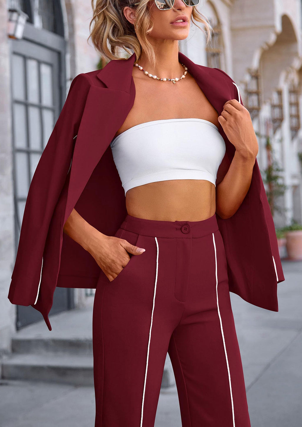 2 Piece Blazer Outfits Business Casual Oversized Jacket Wide Leg Work Pants Dressy Suit Set