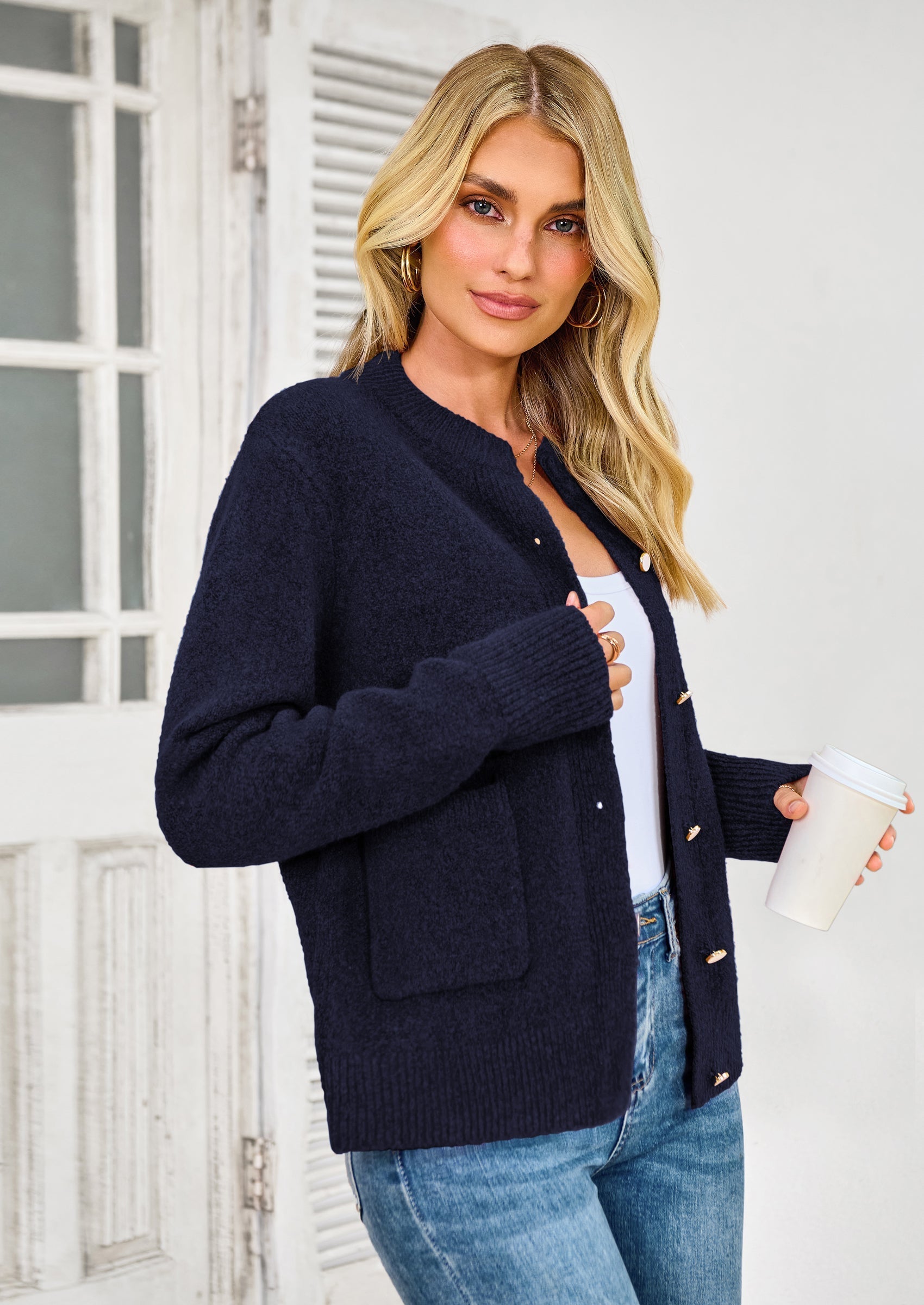 Women's Knit Cardigan Sweaters Casual Long Sleeve Open Front Button Up Ribbed Fall Spring Sweater Jackets