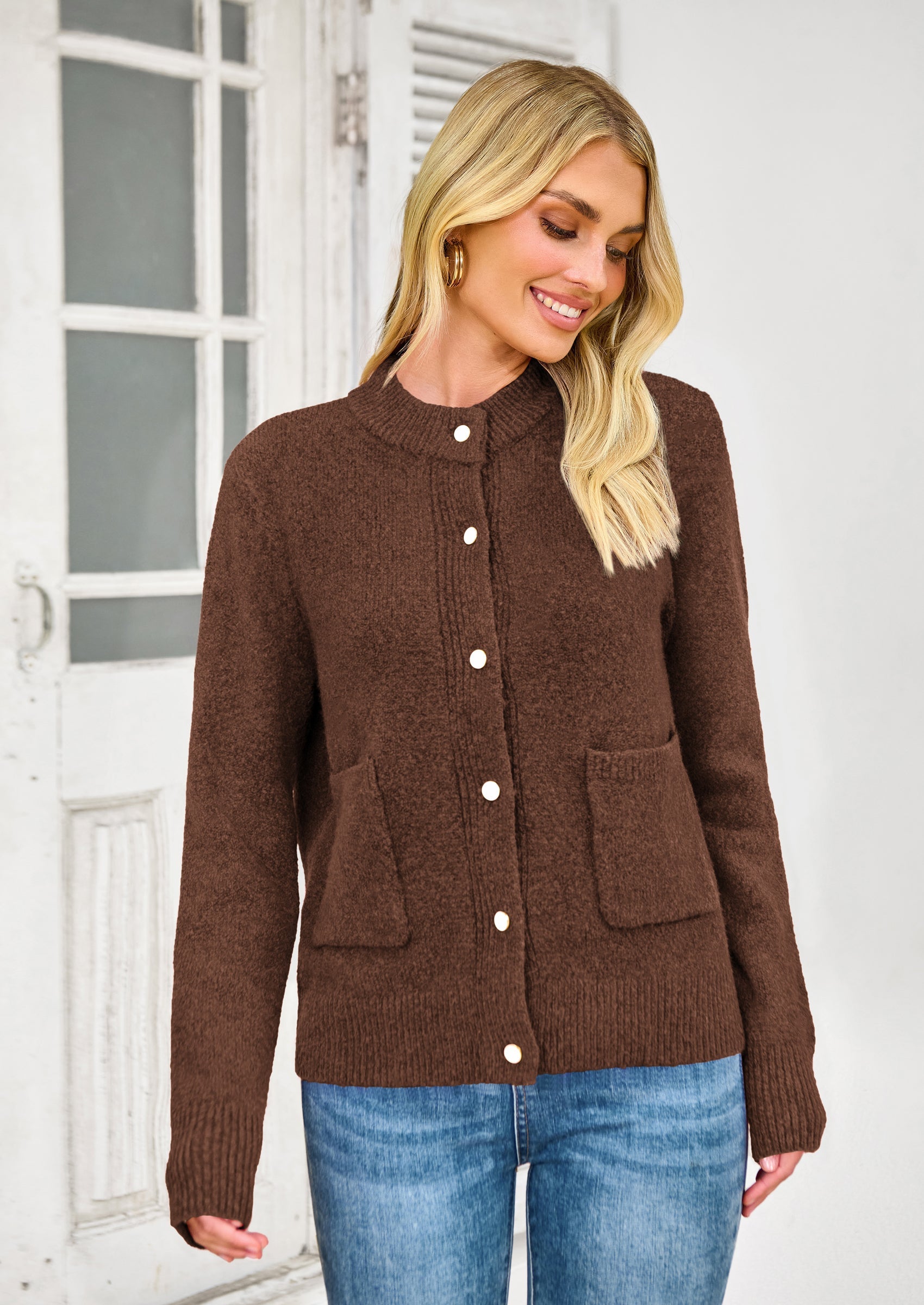 Women's Knit Cardigan Sweaters Casual Long Sleeve Open Front Button Up Ribbed Fall Spring Sweater Jackets