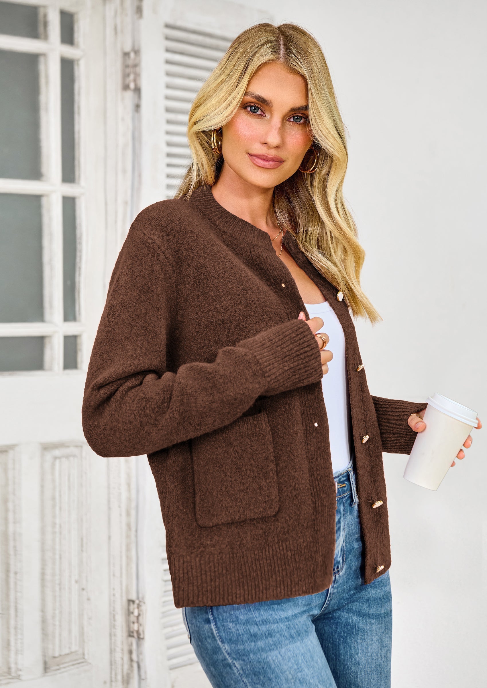 Women's Knit Cardigan Sweaters Casual Long Sleeve Open Front Button Up Ribbed Fall Spring Sweater Jackets