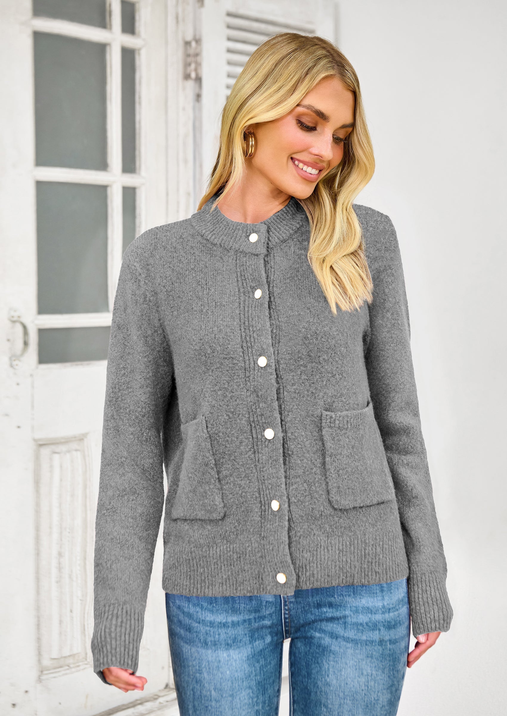 Women's Knit Cardigan Sweaters Casual Long Sleeve Open Front Button Up Ribbed Fall Spring Sweater Jackets