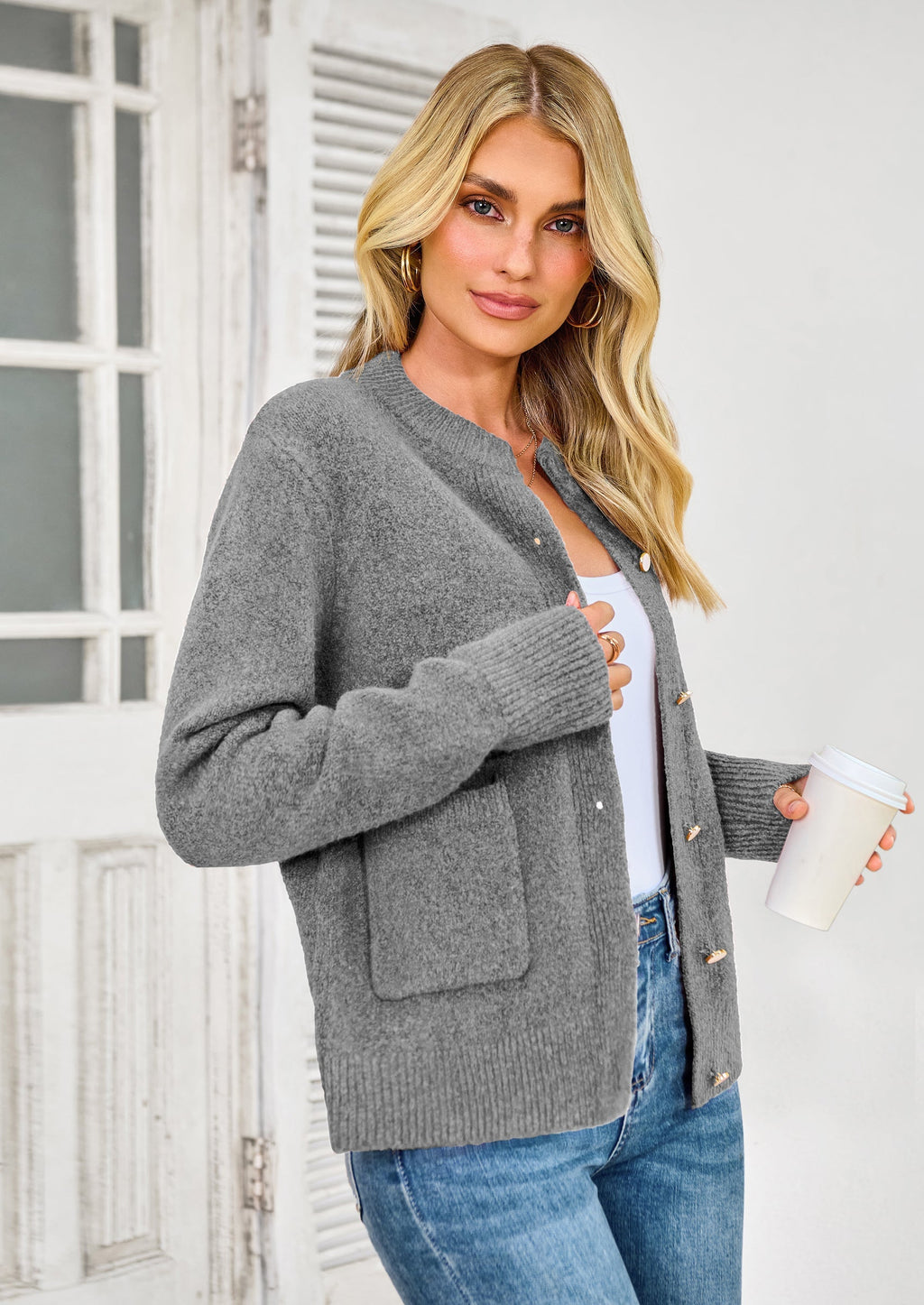 Women's Knit Cardigan Sweaters Casual Long Sleeve Open Front Button Up Ribbed Fall Spring Sweater Jackets