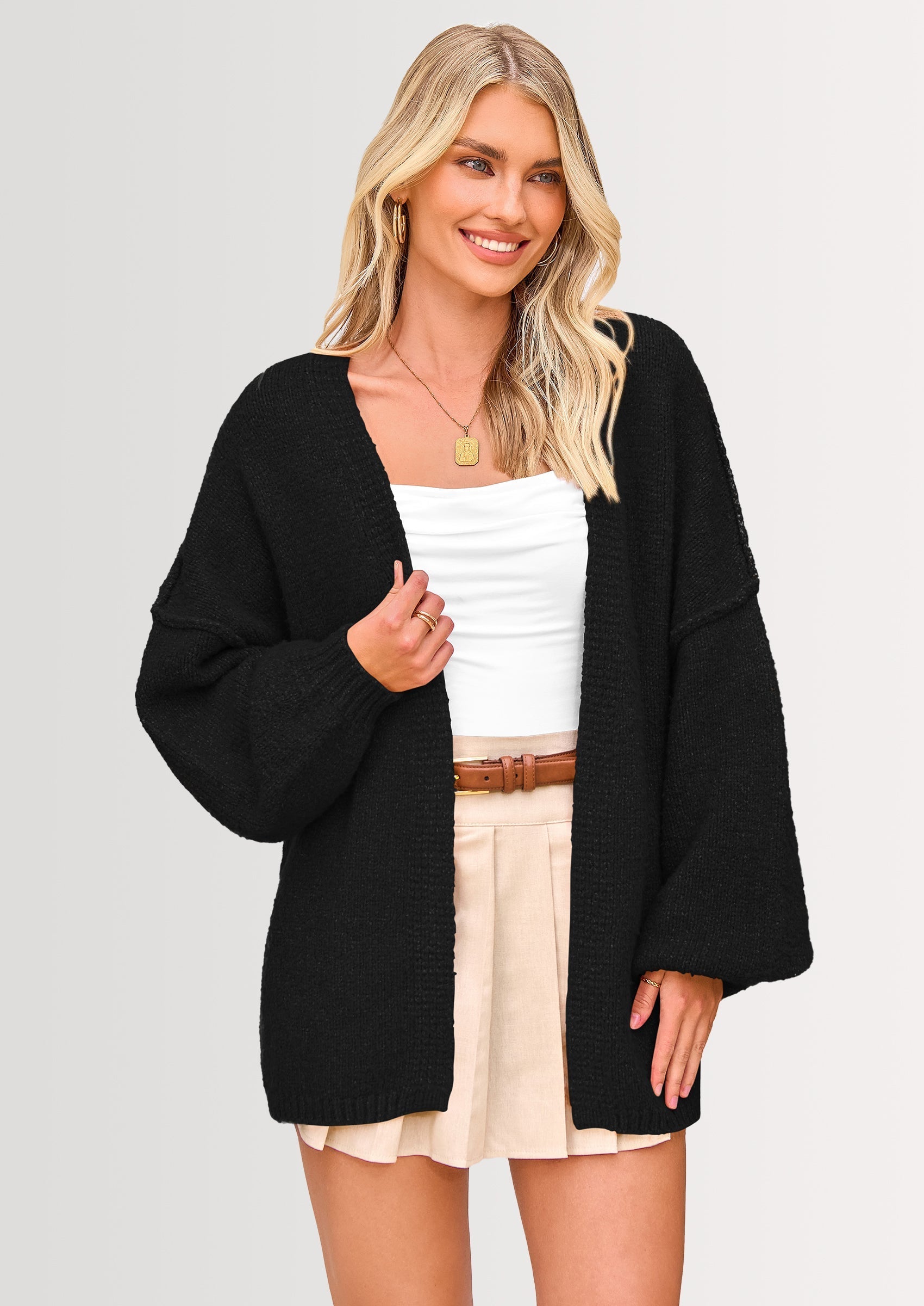 Womens Oversized Cardigan Sweaters Fall Long Lantern Sleeve Knit Open Front Lightweight Sweater