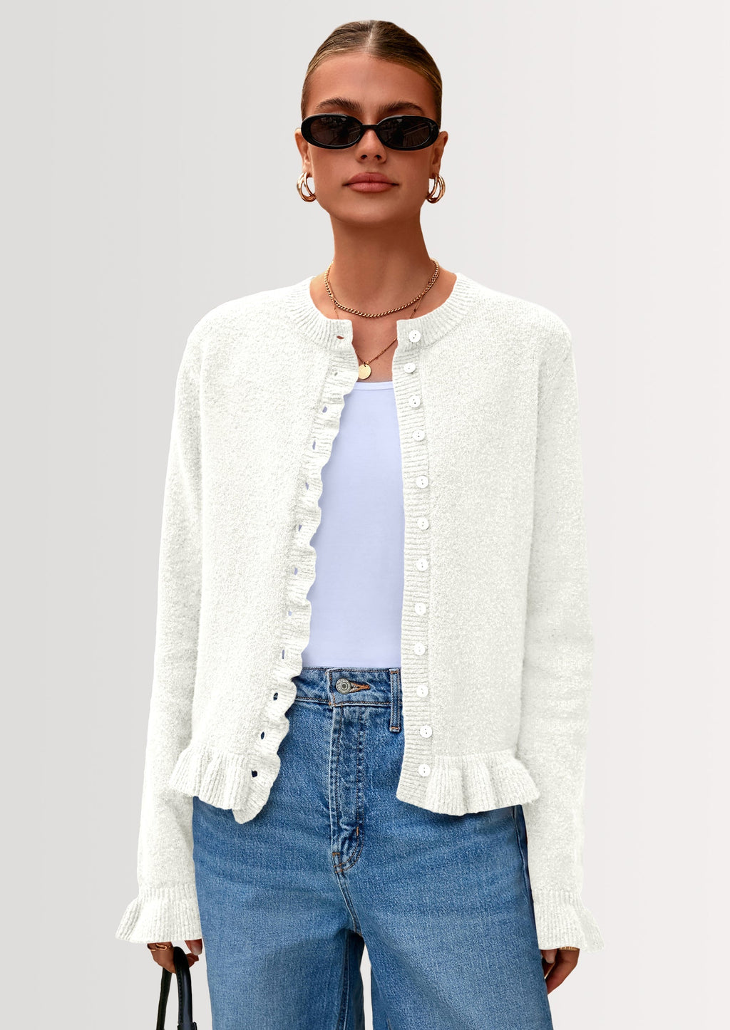 Womens Fall Button Down Cardigans Chunky Knit Ruffle Open Front Cropped Cardigan Sweaters Soft Long Sleeve Tops