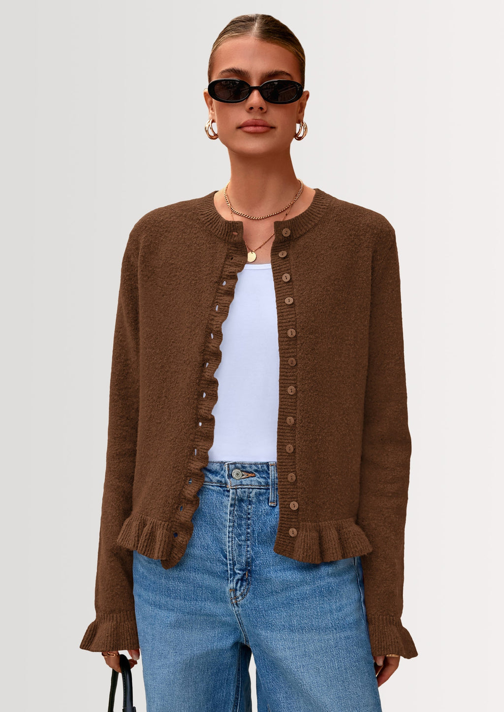 Womens Fall Button Down Cardigans Chunky Knit Ruffle Open Front Cropped Cardigan Sweaters Soft Long Sleeve Tops