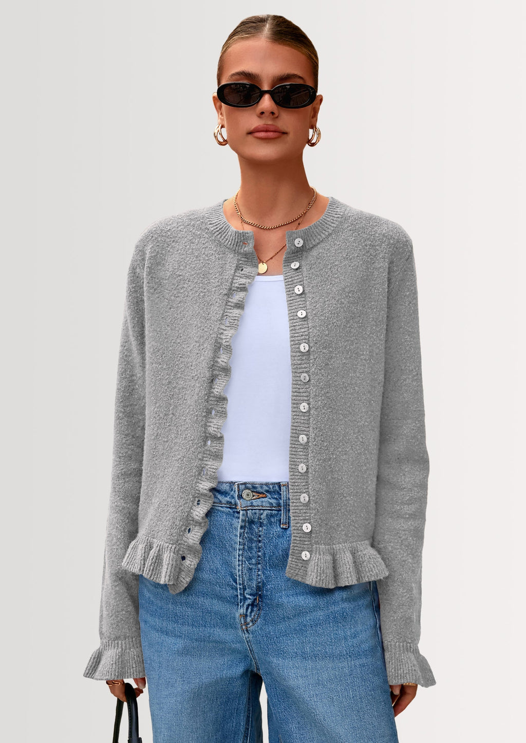 Womens Fall Button Down Cardigans Chunky Knit Ruffle Open Front Cropped Cardigan Sweaters Soft Long Sleeve Tops