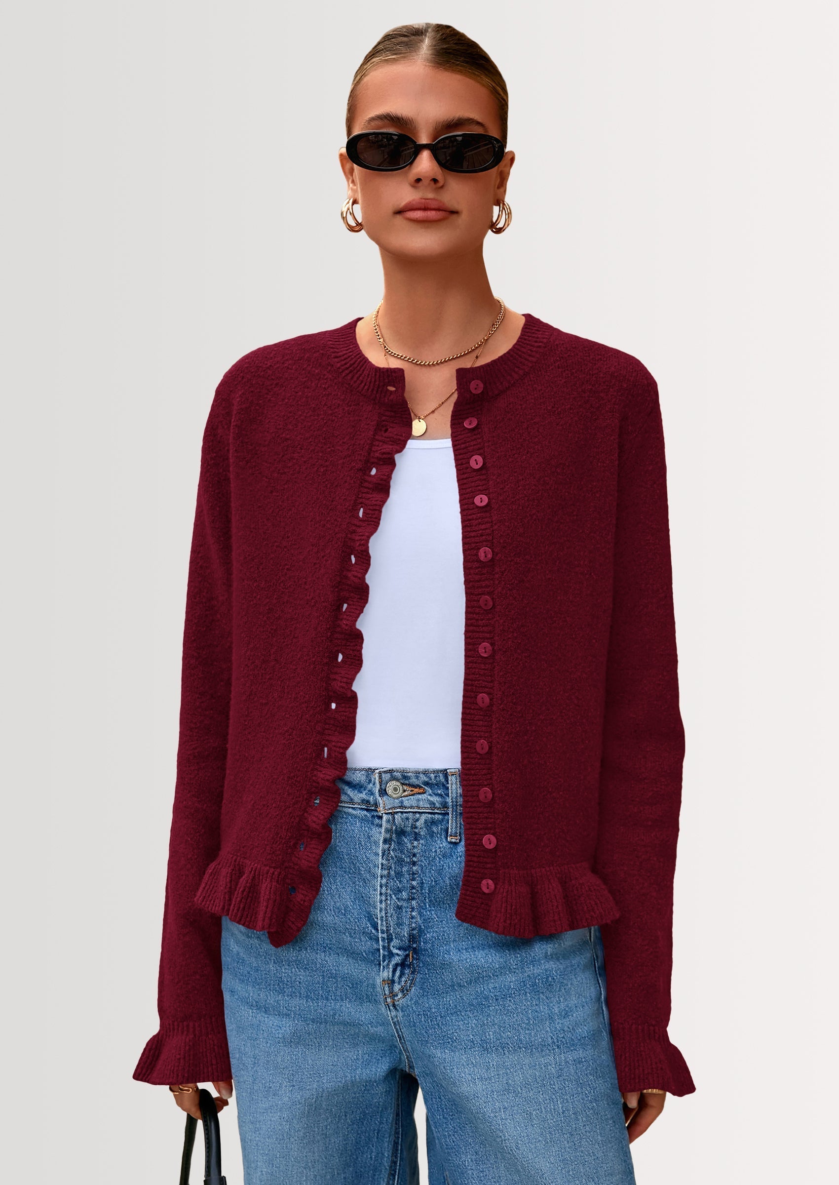 Womens Fall Button Down Cardigans Chunky Knit Ruffle Open Front Cropped Cardigan Sweaters Soft Long Sleeve Tops