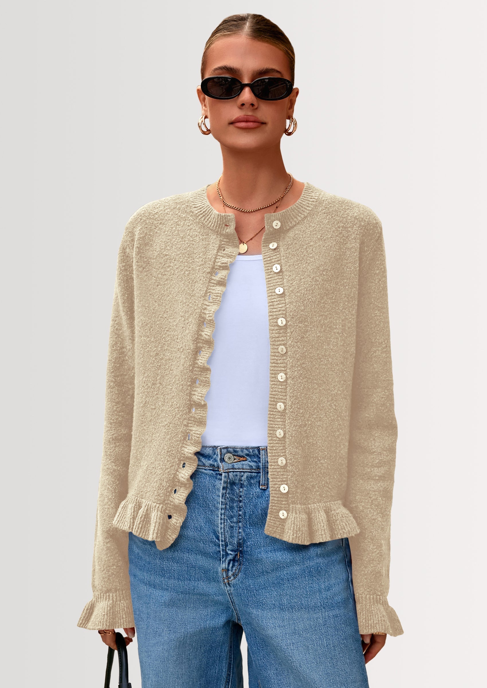 Womens Fall Button Down Cardigans Chunky Knit Ruffle Open Front Cropped Cardigan Sweaters Soft Long Sleeve Tops