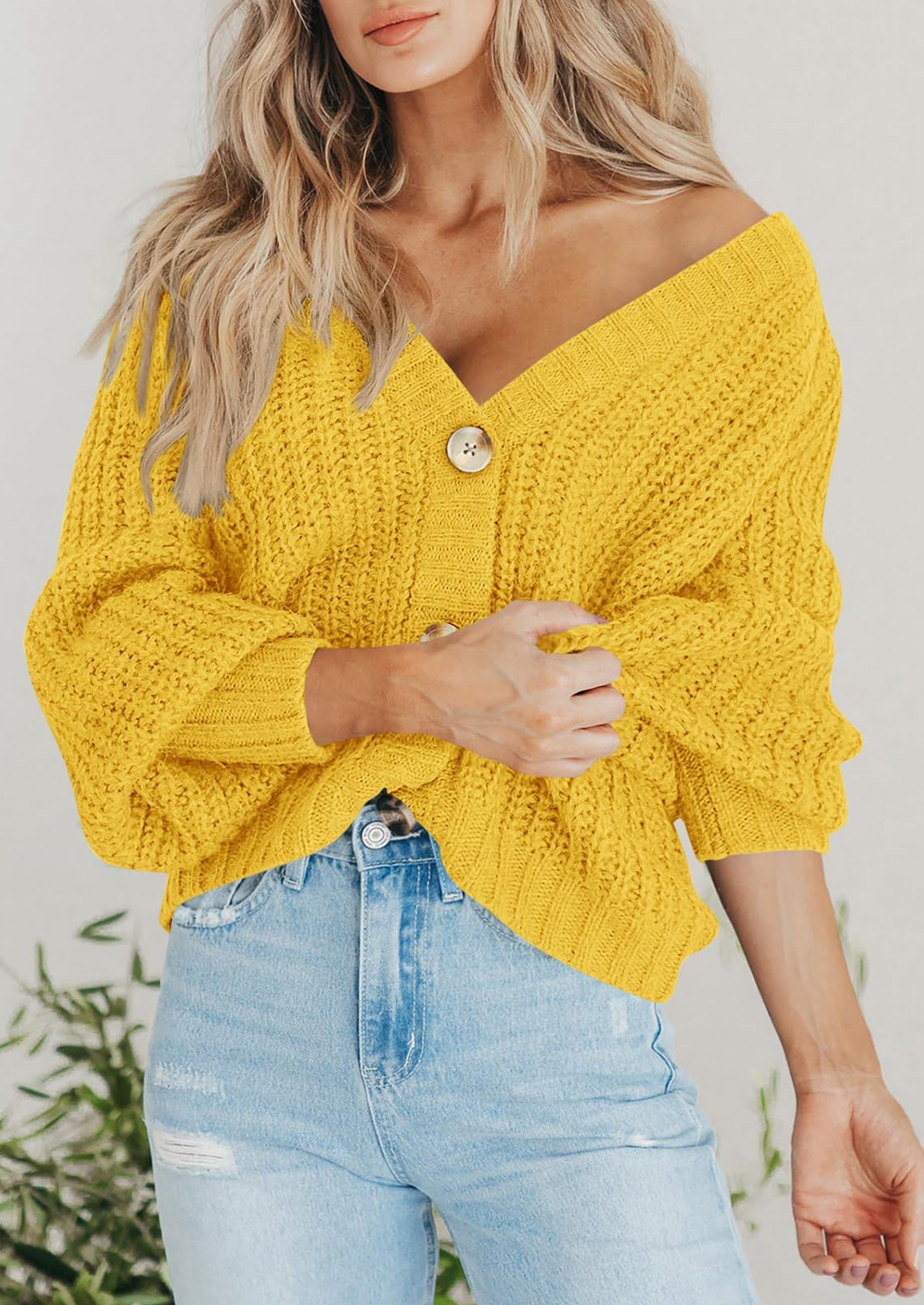 Women's Chunky Knit Open Front Sweater Long Sleeve Button Loose Short Cardigan Outerwear Coats