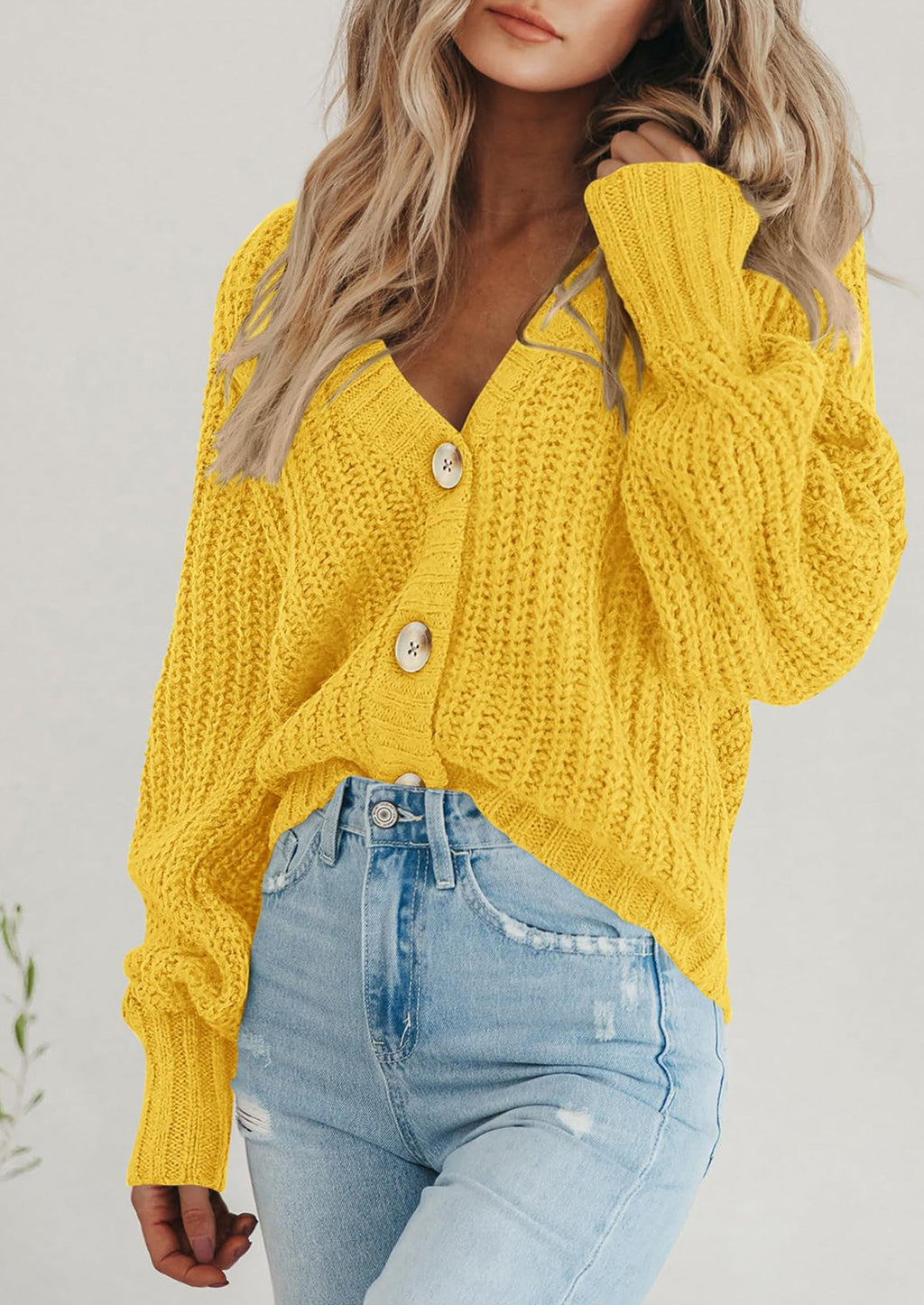 Women's Chunky Knit Open Front Sweater Long Sleeve Button Loose Short Cardigan Outerwear Coats