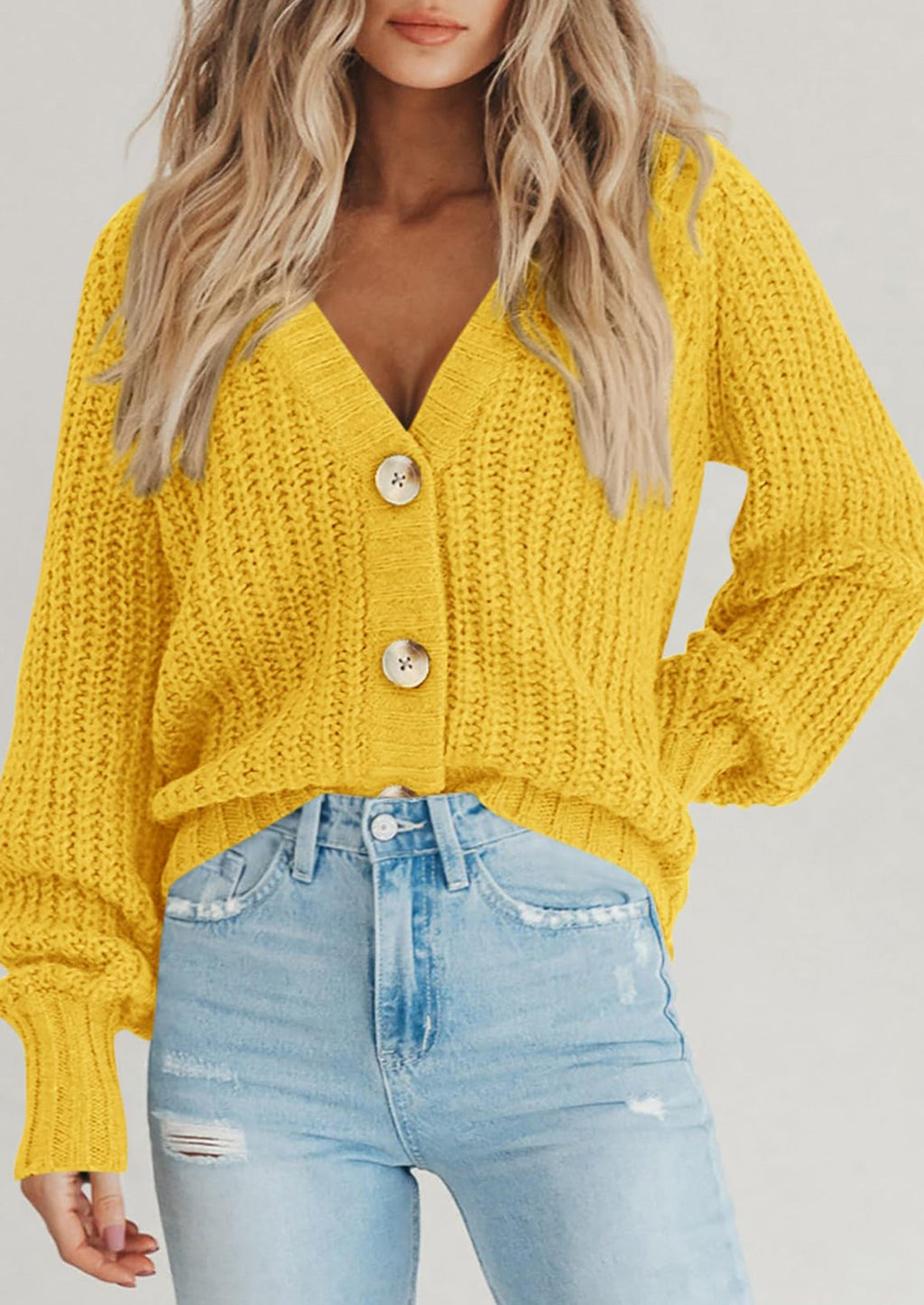 Women's Chunky Knit Open Front Sweater Long Sleeve Button Loose Short Cardigan Outerwear Coats