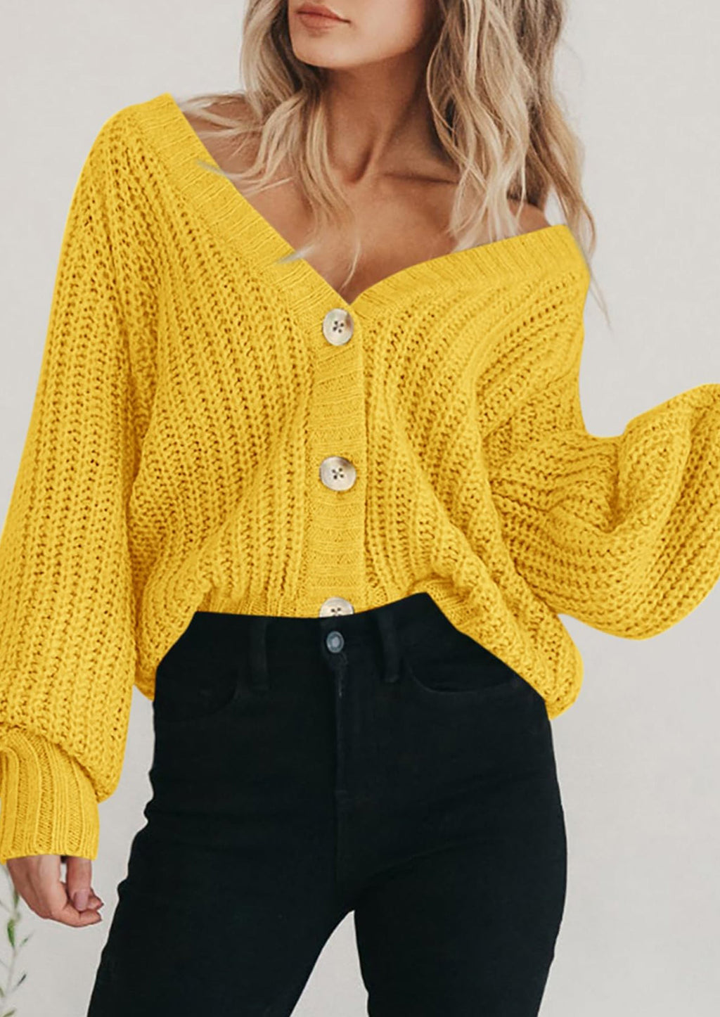 Women's Chunky Knit Open Front Sweater Long Sleeve Button Loose Short Cardigan Outerwear Coats