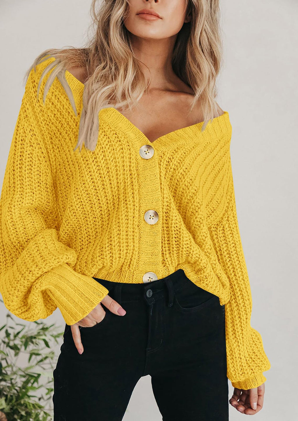 Women's Chunky Knit Open Front Sweater Long Sleeve Button Loose Short Cardigan Outerwear Coats