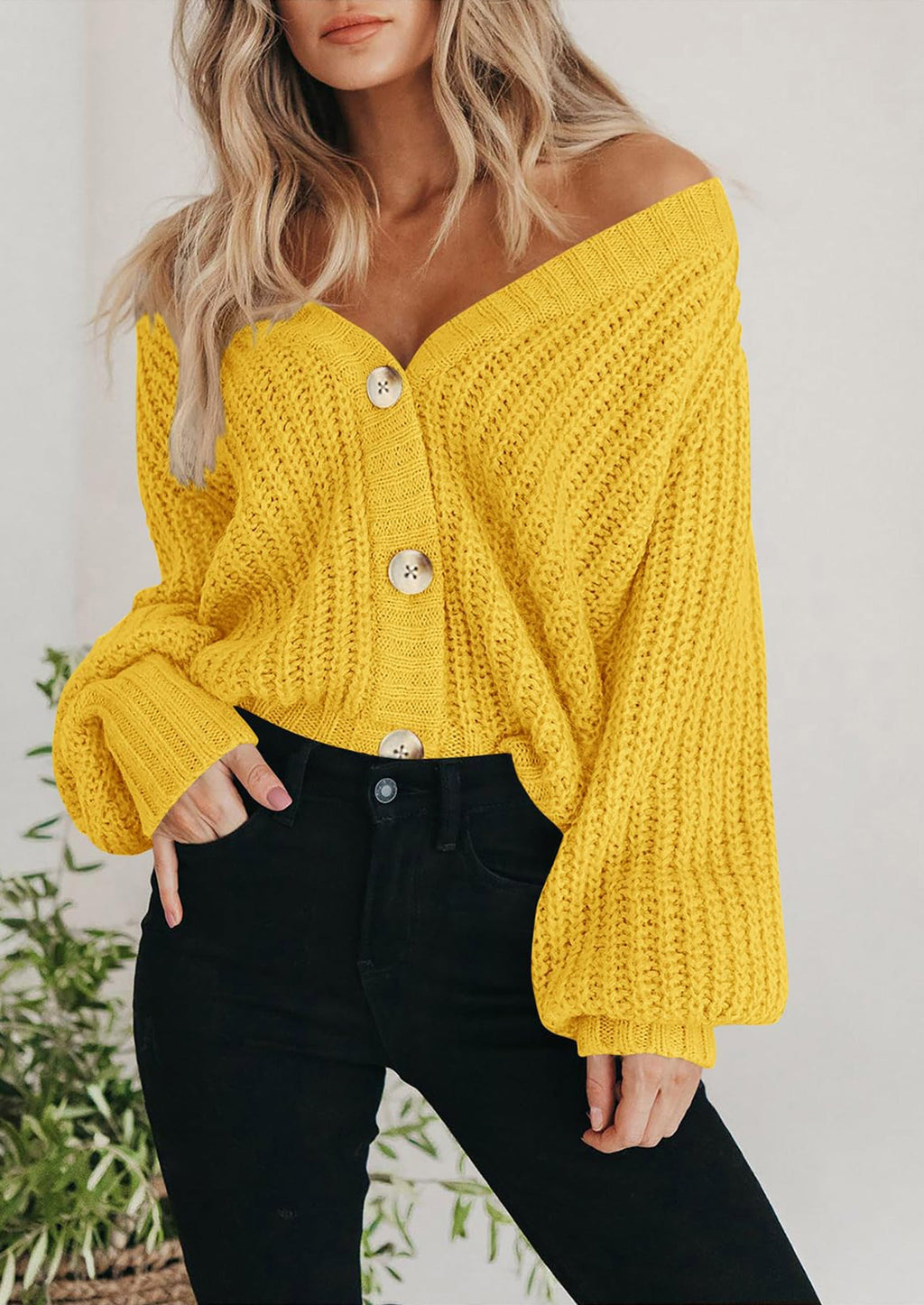 Women's Chunky Knit Open Front Sweater Long Sleeve Button Loose Short Cardigan Outerwear Coats