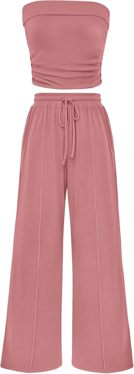 2 Piece Sets Casual Ribbed Knit Crop Tube Top Wide Leg Pants Lounge Set